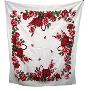 Vintage Roses Towel Terry Square Beach Bath Red Pink Green Shabby 50" Cottage